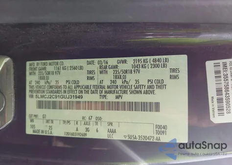 2016 Lincoln Mkc Select z USA, uszkodzony, nr VIN 5LMCJ2C91GUJ31949